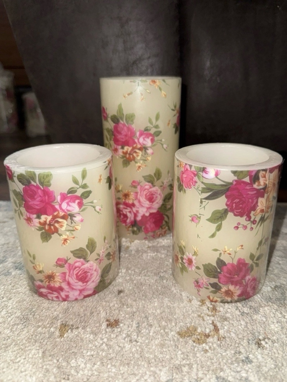 Floral Flameless Candles in Cream with Pink Roses - 6 total
